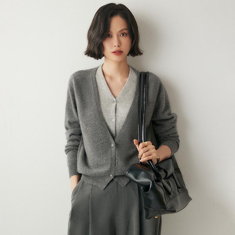 

Роскошный кашемировый вязаный кардиган с французским V-образным вырезом: Женский свитер свободного кроя из искусственного двухслойного материала для осени и зимы Medium