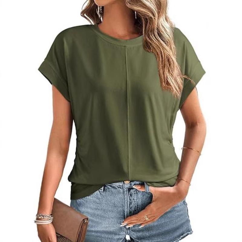 

Spring Summer Fashion Side Pleated Shoulder Length Short Sleeved Top for Women s T-shirt M армія зелений колір