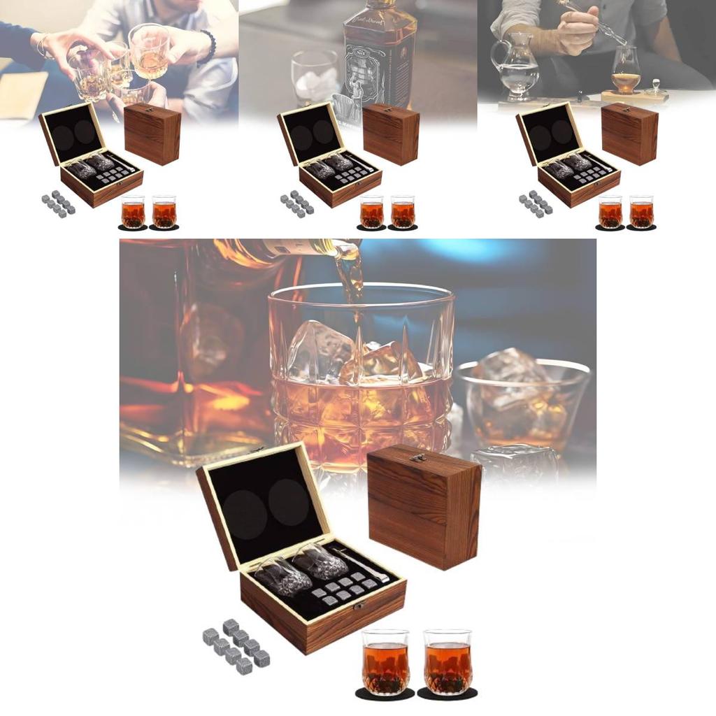 Luxurious Brown Granite Whisky Glasses Set With Whiskey Stones And Wooden Box