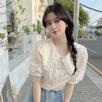 Floral Bubble Short Sleeve Top for Summer Women's Clothing Design French Sweet Doll Neck Small Shirt