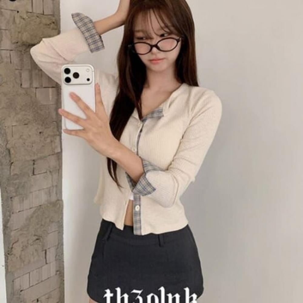 The Pink Slim Fit Check Contrast Layered Cardigan