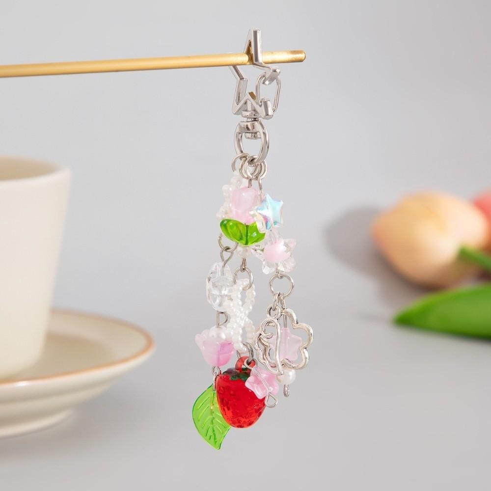 Strawberry Design Beaded Phone Chain Cute Flower Bag Charm Keychain Strap Coquettish Style