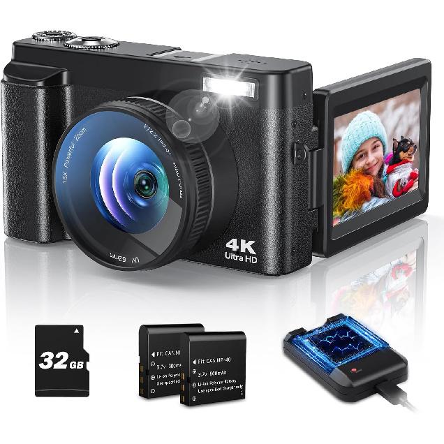 4K Digital Camera for Photography Autofocus, 48MP Vlogging Camera with Flash Anti-Shake, 3'' 180° Flip Screen Compact Travel Camera 16X Zoom Camera