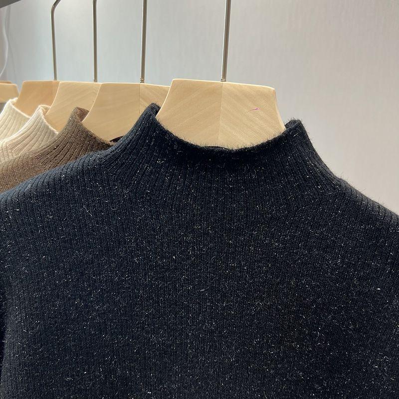 Women Solid Bright Fleece Warm Sweaters Casual Slim-fit Elegant Pullovers Half Turtleneck Long Sleeve Knitwear Jumpers