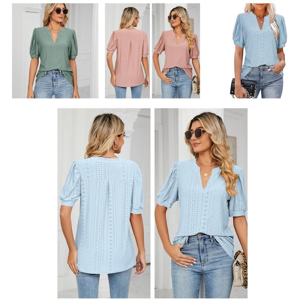 Stylish V-neck Solid Color Blouse With Short Sleeve Cut Out Lace