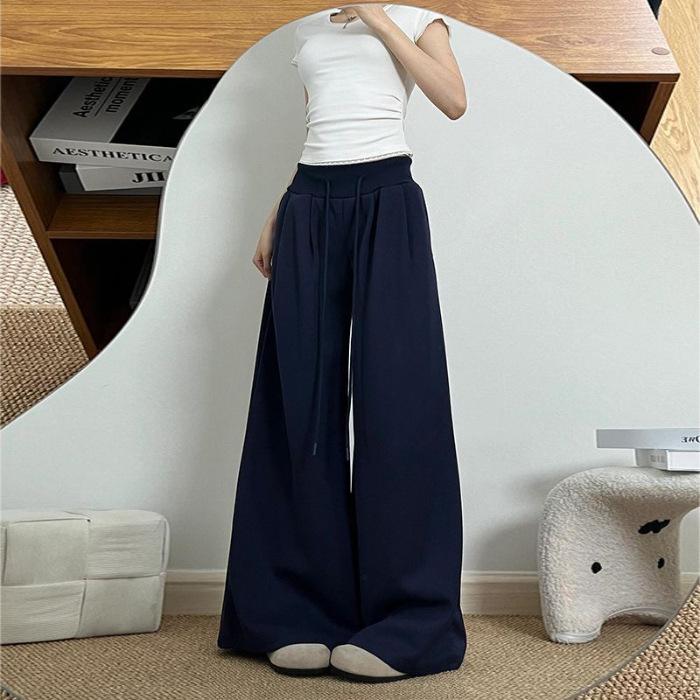 American retro loose wide-leg pants women s summer high-waisted drawstring casual pants versatile lazy wind pendant floor-mopping pants S