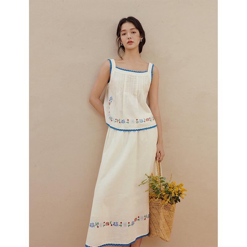 INMAN Leinen-Baumwolle Bestickter A-Linien-Rock