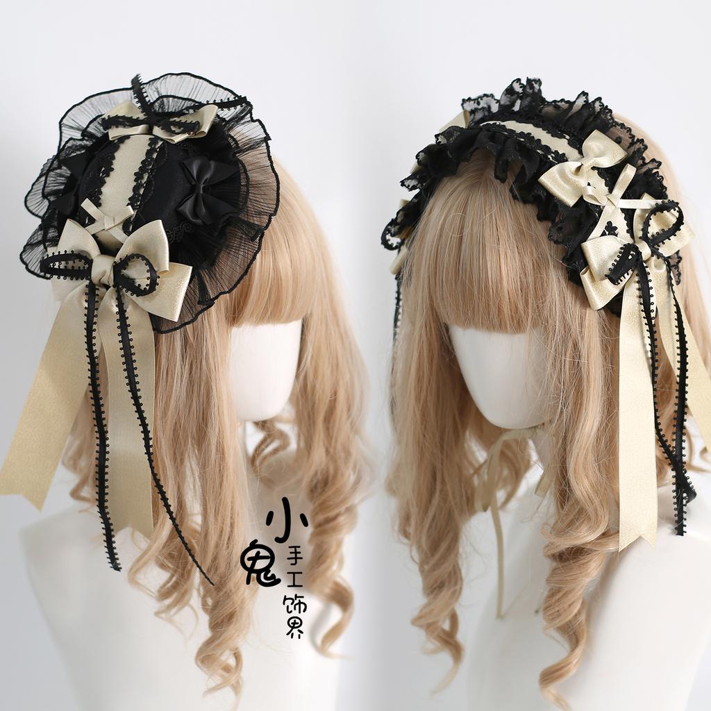 Original Gorgeous Black Gold Silk Satin Ballet Hat Lolita Headband Hair Clips Top Hat Headband Kc Dream Bow Small Hats