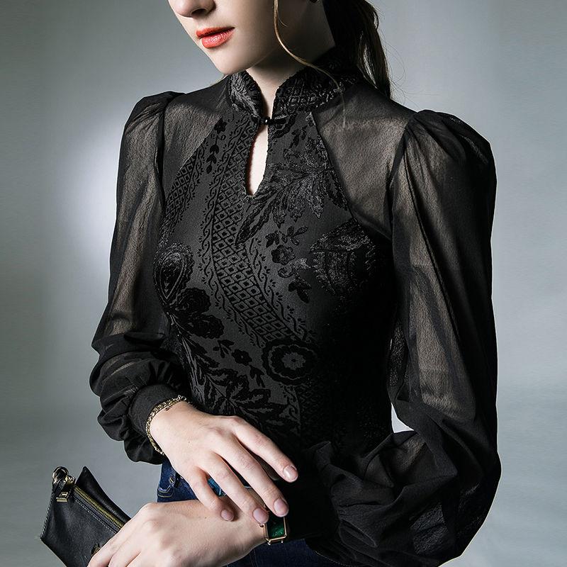 Cămașă de bază cu guler înalt gol, cu mâneci lungi pentru femei, cu inserții din plasă, mâneci tip felinar, stil retro de toamnă, top șic