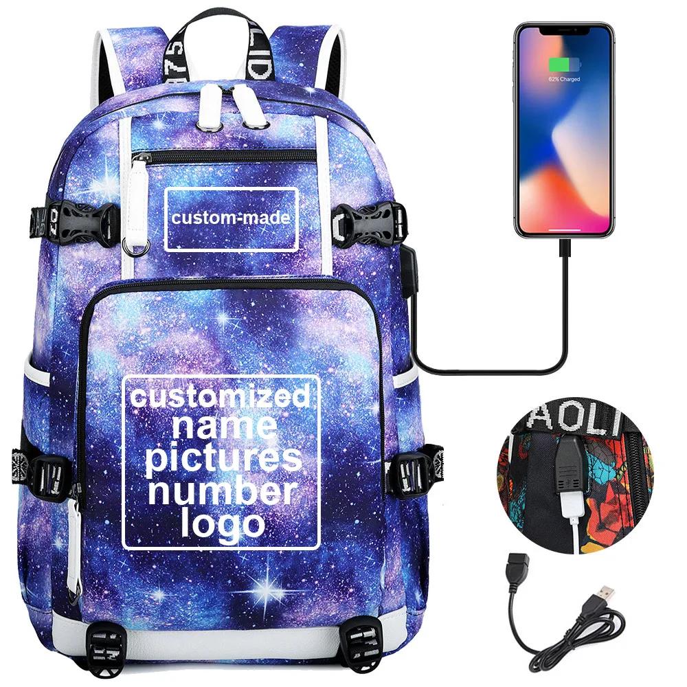 Customized Print DIY Your Like Photo or Logo Boy Girls Kids Book Bag Women USB Laptop Backpack Canvas Men Bagpack Big Travel Bag