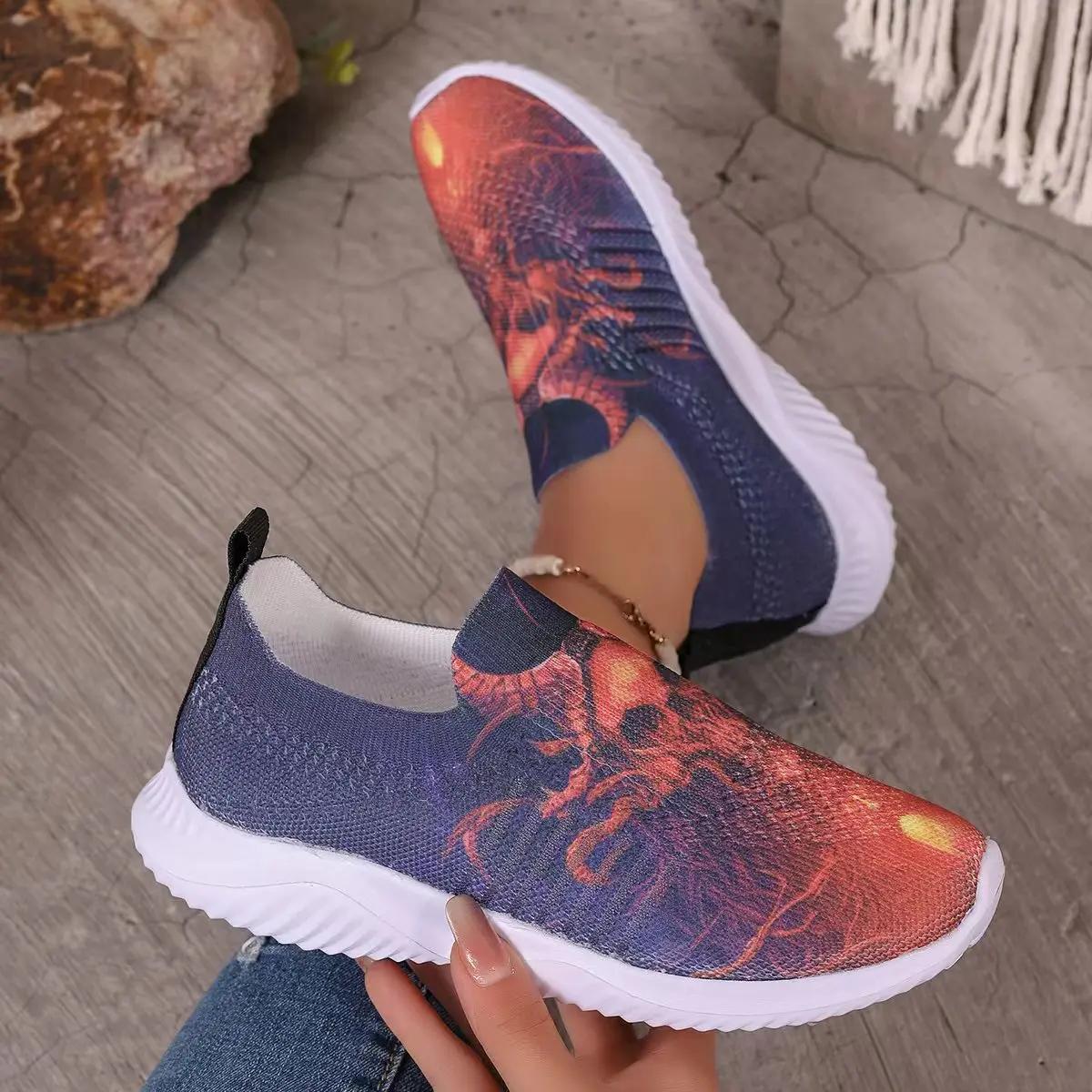 

2024 Fashion Printed Knitted Flats Women s Lightweight Breathable Mesh Sneakers 43 шоколадний