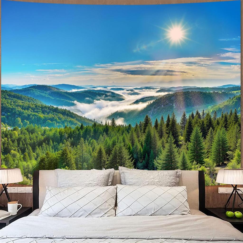 Nature Forest Mountain Tapestry Green Pine Tree Sunshine Jungle Tapestry for Bedroom Aesthetic Plant Mountain Landscape