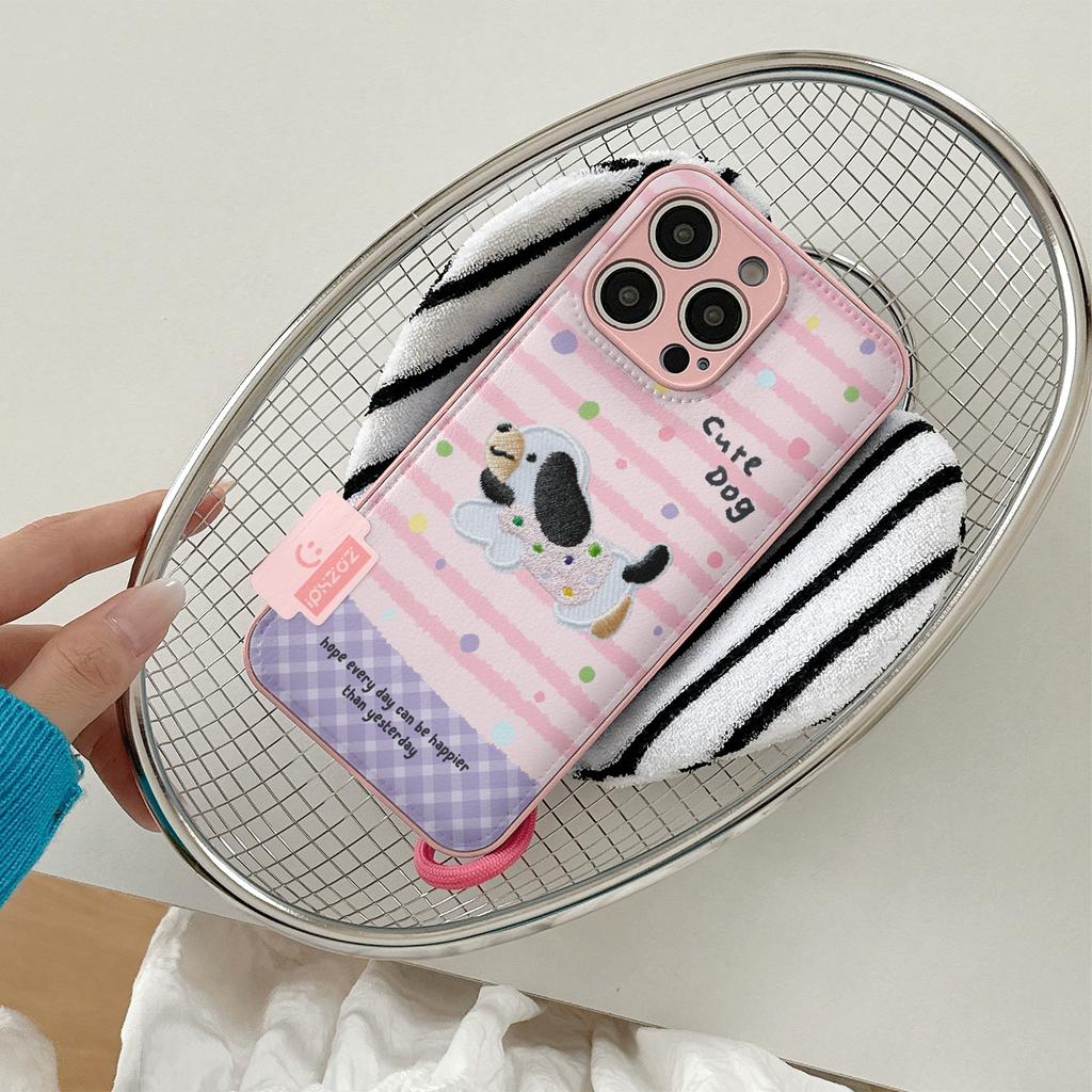 Striped Polka Dot Embroidery Puppy Apple 17promax Mobile Phone Case New iPhone16 Women's Autumn and Winter Drum Bag Anti-drop