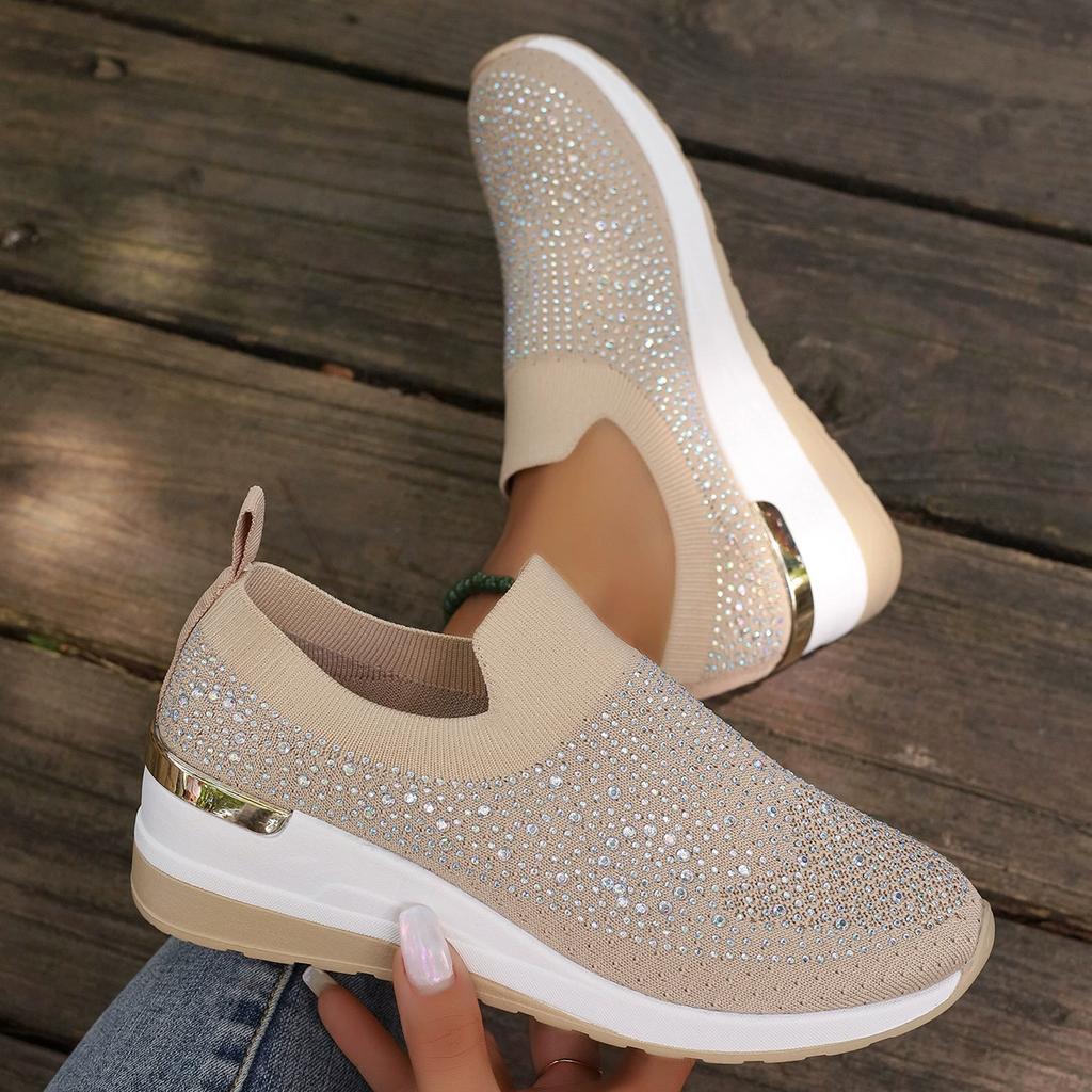 Women's Single Shoes Summer Thick Sole Knitted Full Drill Sports Shoes Casual Comfort Increase Nonslip Training Shoes