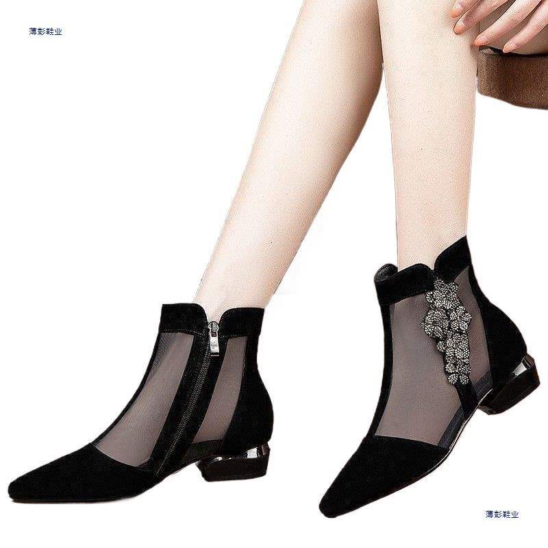 Rhinestone Sandals Low Heel Flat Bottom Baotou Summer Large Size Boots Mesh Boots Breathable Year Fashion