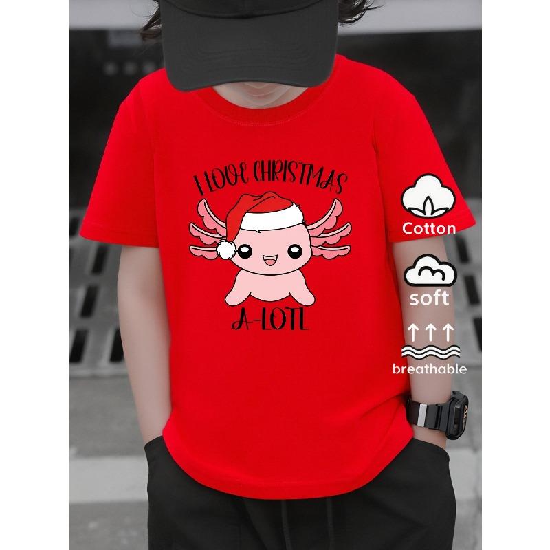 European Sizes Boys Casual Short Sleeve T-Shirt with Cute Christmas Axolotl Tee Graphic Print-- Fun Summer Design, Regular Fit for Casual Attire