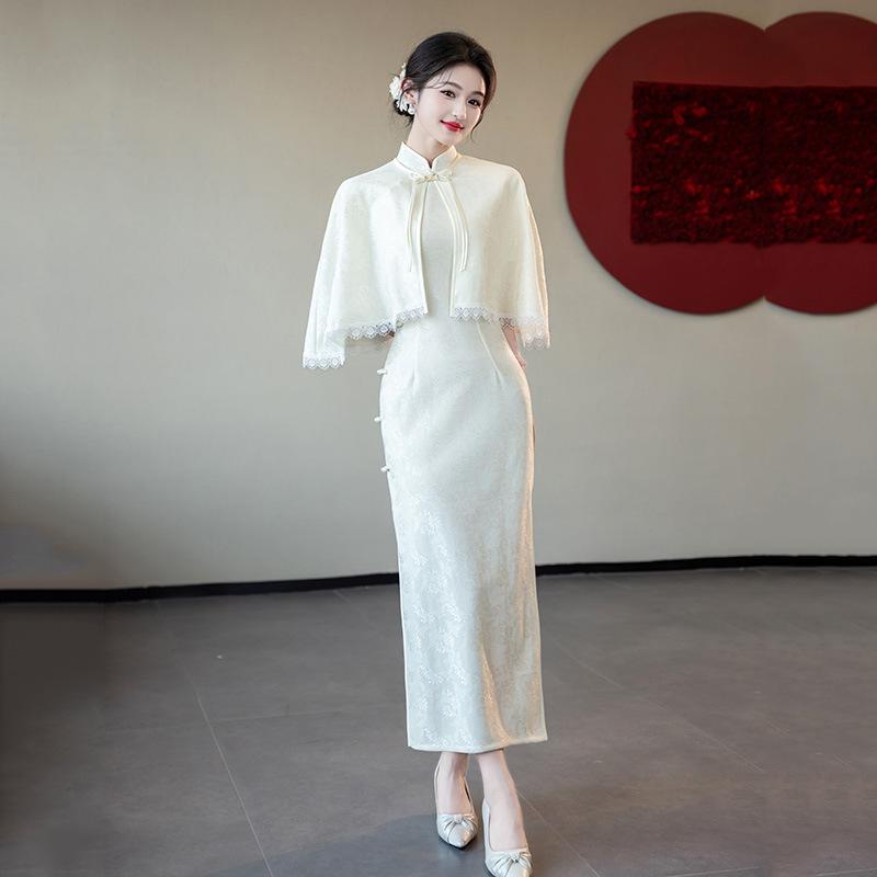 Si Teng White Lace Shawl Two-piece Set New Chinese Suzhou Autumn Cheongsam Improved Young Women's High-end Sense