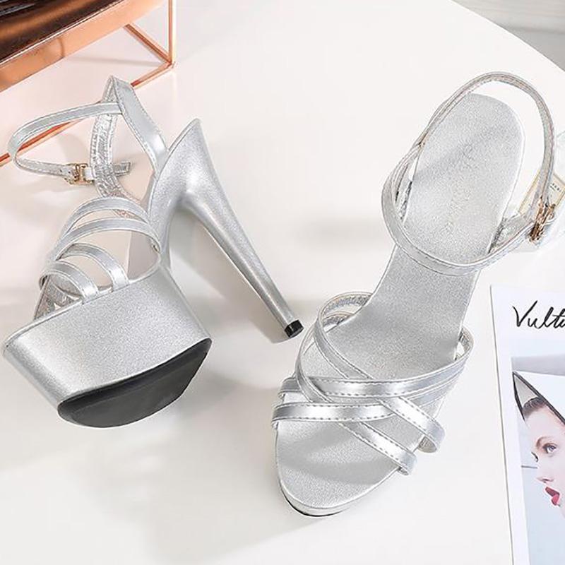Catwalk Artifact Model High Heels Fine with Sexy Black Platform 15cm Heels Ultra-High-Heel Sandals