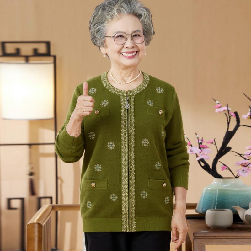 New zipper jacket for the elderly in autumn and winter, grandma jacquard top, mother autumn knitted cardigan