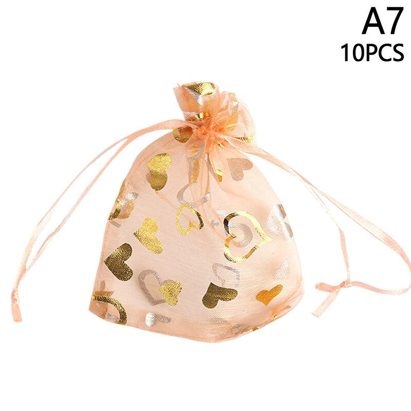 

10 шт. подарочный мешочек из органзы с сердечком и золотой цветной печатью, мешочек для украшений на шнурке для вечеринки, свадьбы