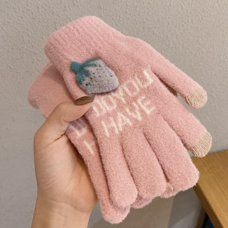 Cartoon Thermal Gloves Women Winter Thickened Cute Couple Student Cold Knitted Wool Riding Five Fingers