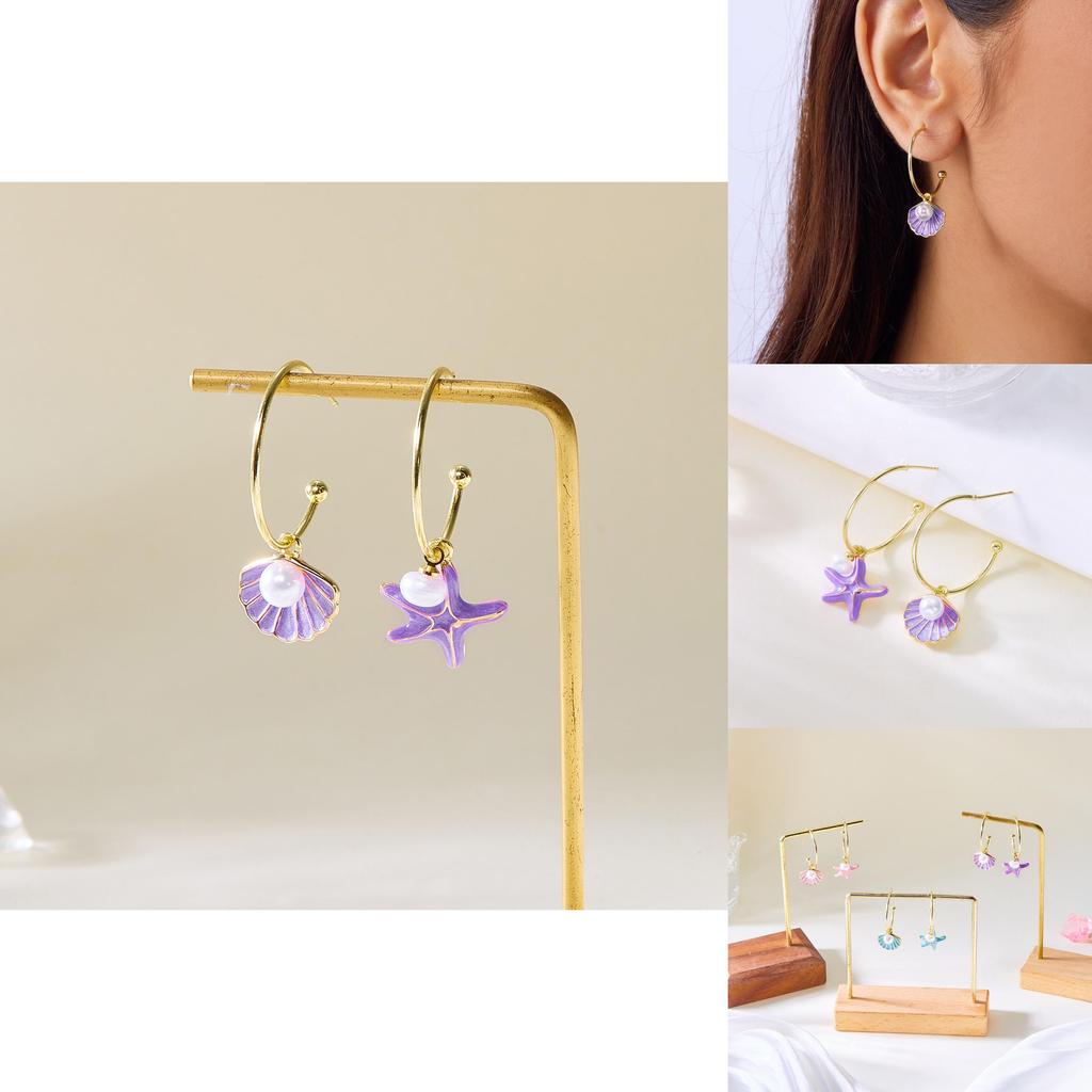 Fresh Style Shell Pearl Earrings For Women With Asymmetric Design And Electroplated Alloy