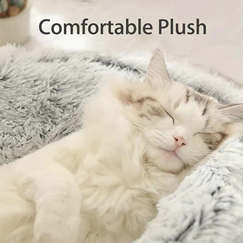 Winter-Katzenbett aus Plüsch, rundes Katzenkissen, Katzenhaus, 2-in-1, warmer Katzenkorb, Haustier-Schlafsack, Kätzchennest, Zwinger für kleine Hunde und Katzen
