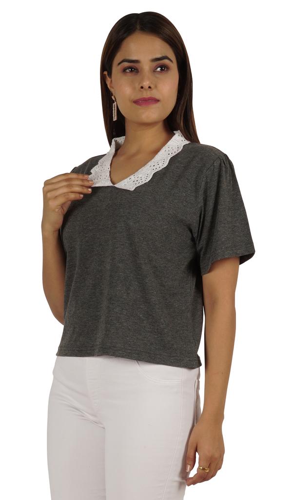 Moomaya Dámský top s krajkovým límečkem Petra Pana, hladký žerzejový krátký ležérní T-shirt