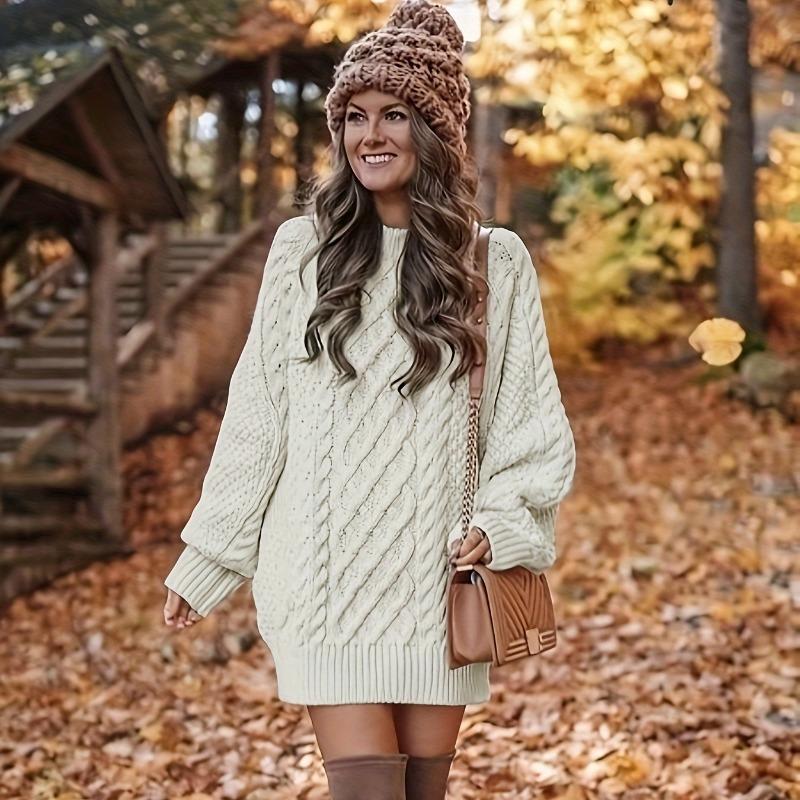 Women's Sweater Dress, Women's Long Sleeve Crew Neck Textured Knitted Dresss