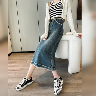 Elegant Design Sense Burlap Denim Skirt Female Retro High-waisted Thin Package Hip A Word In The Long Section Half-body Fashion Denim Bustier Skirt