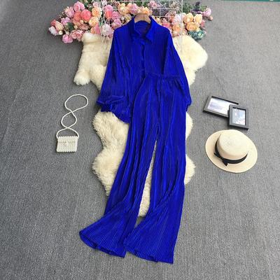 Women's Loose Long-sleeved Pleated Solid Color Shirt Two-piece Set High Waist Drape Straight Wide-leg Trousers