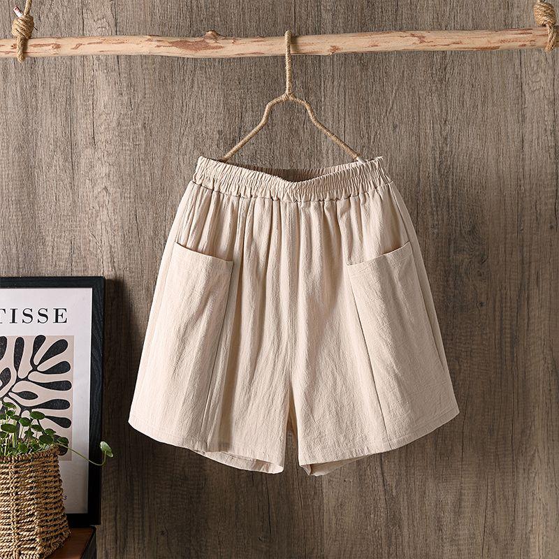 Women's Shorts Plus Size Cotton Linen Pants Thin Wide Leg Elastic Waist High Waist Loose Casual Five-part Pants