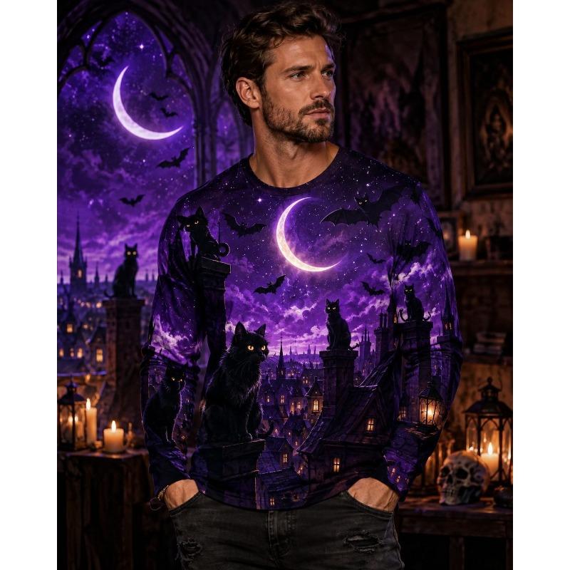 Autumn and Winter Men's 3D Printed Crew Neck Long Sleeve T-Shirt Halloween Dress Up