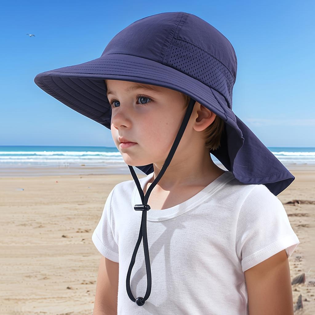 Children's Outdoor Wide-Brim Neck-Protection Hat, Breathable Mesh Sun Hat with Windproof Cord, Beach Play Hat