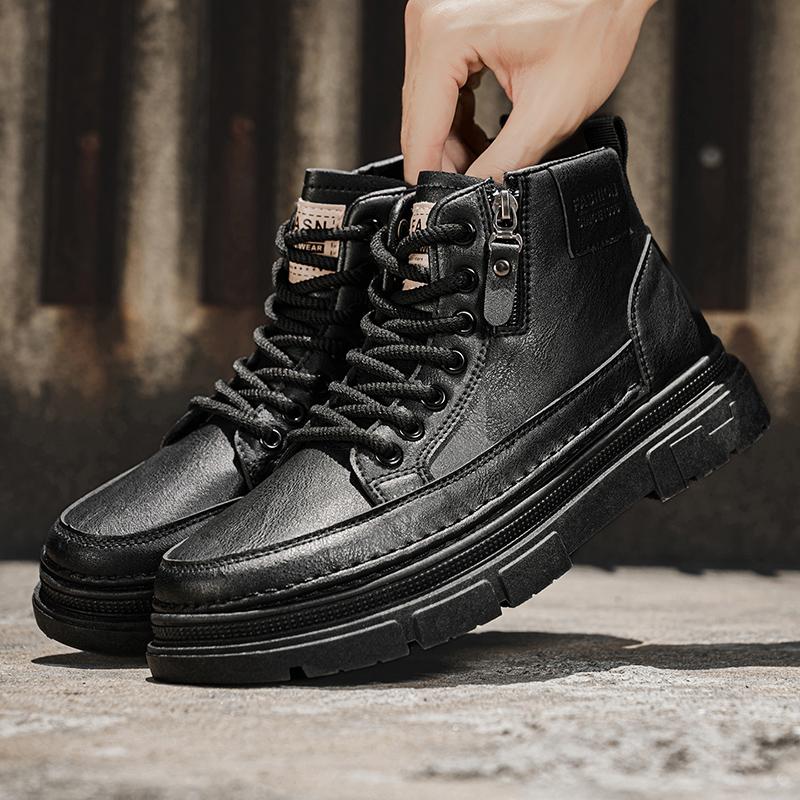 Fashion Casual Shoes for Men Outdoor Leather Board Shoes Comfortable Platform Ankle Short Boots Slip on Male Walking Sneakers