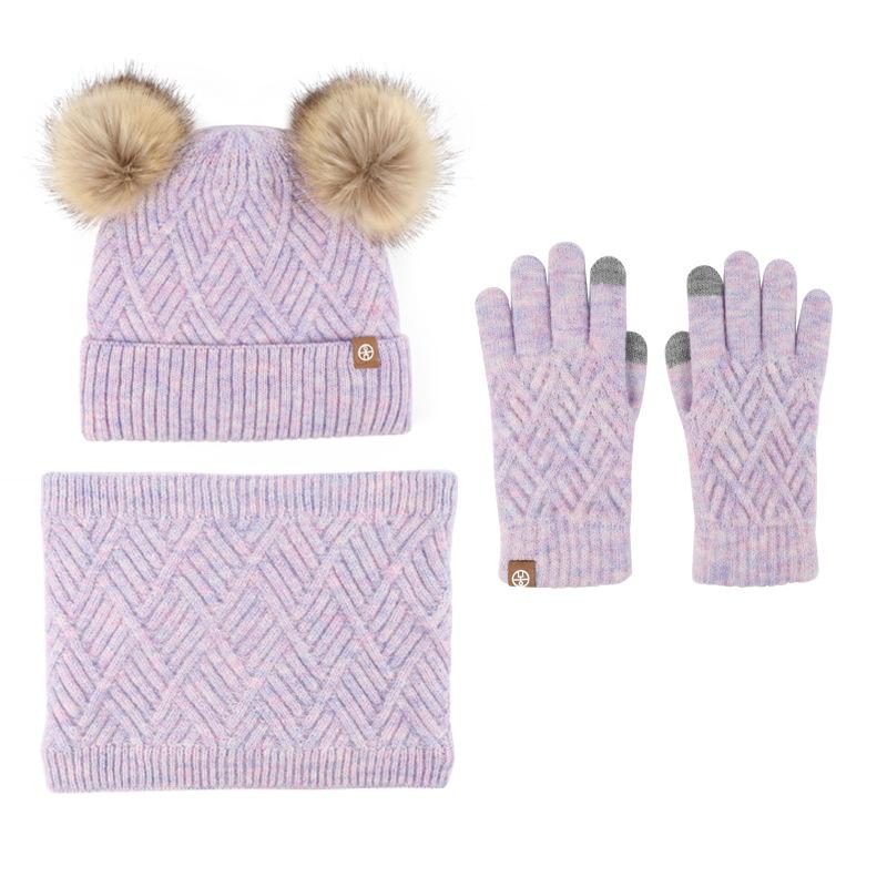 Winter middle-aged and older children's hairball hat, scarf, gloves, three-piece set, plush warm knitted children's gloves