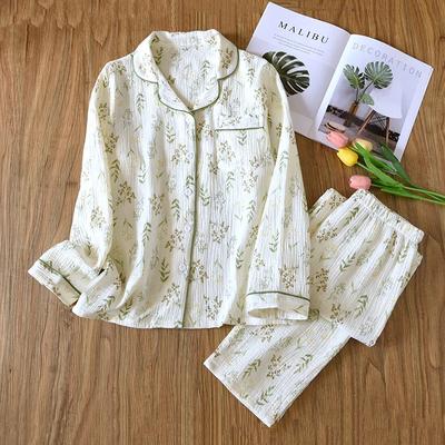 Spring/Summer New Women's Pajama Set 100% Cotton Crepe Long Sleeve Pants Two Piece Large Cardigan Home Furnishing Set