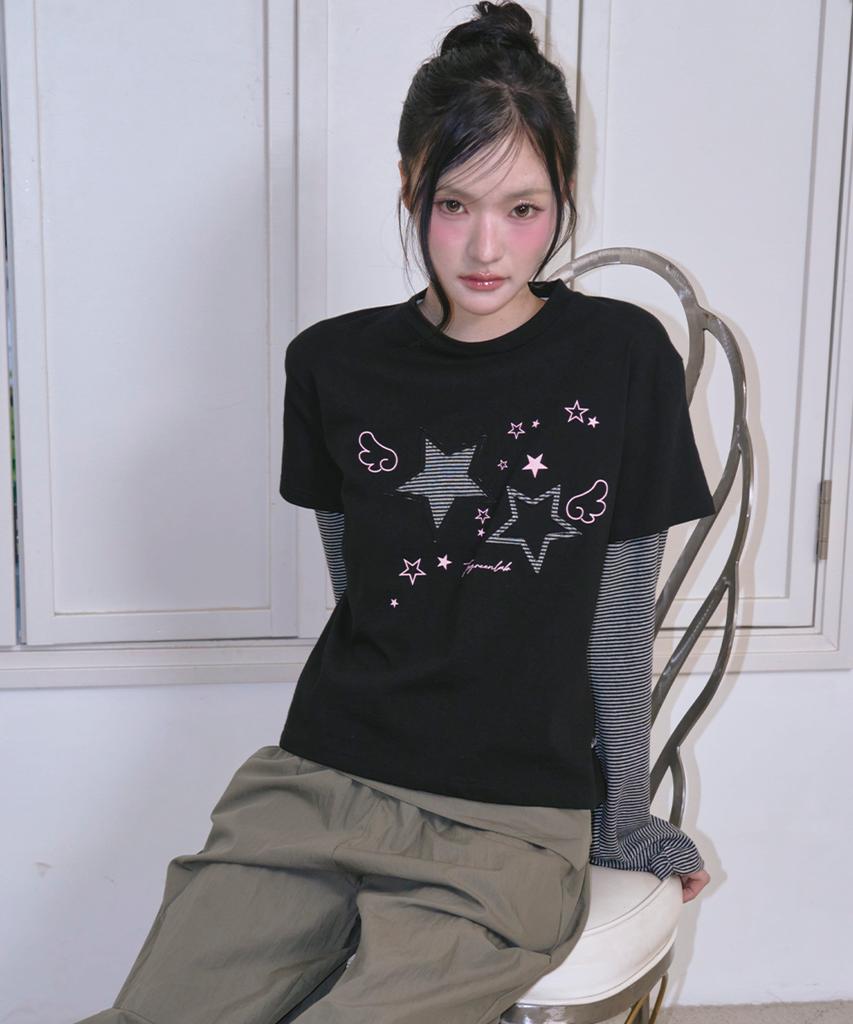 THE GREEN LAB Star Patch St Layered T-Shirt [Black]
