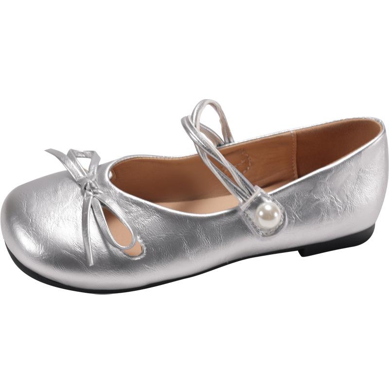 Modische silberne französische Ballett-Ballerinas mit Schleife für Damen, neu für Frühjahr 2025