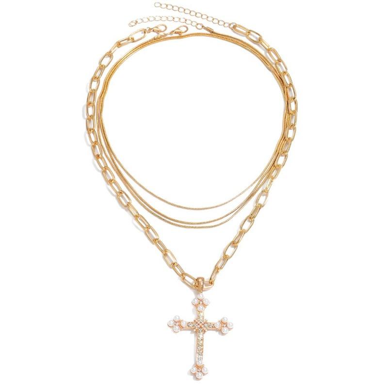 Statement Punk Alloy Diamond-encrusted Cross Pendant Necklace Multi-layered Design Accessory Necklace