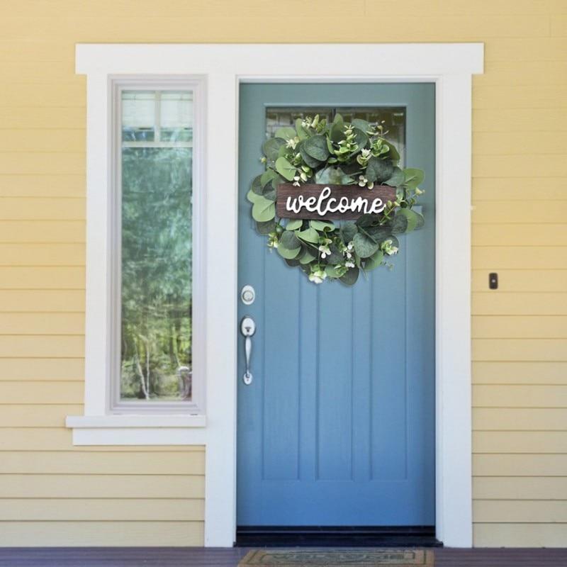 Welcome Sign With Artificial Wreath Front Door Decor Round Wooden Hanging Sign Farmhouse Porch Decorations For Home Outdoor Indoor 30CM