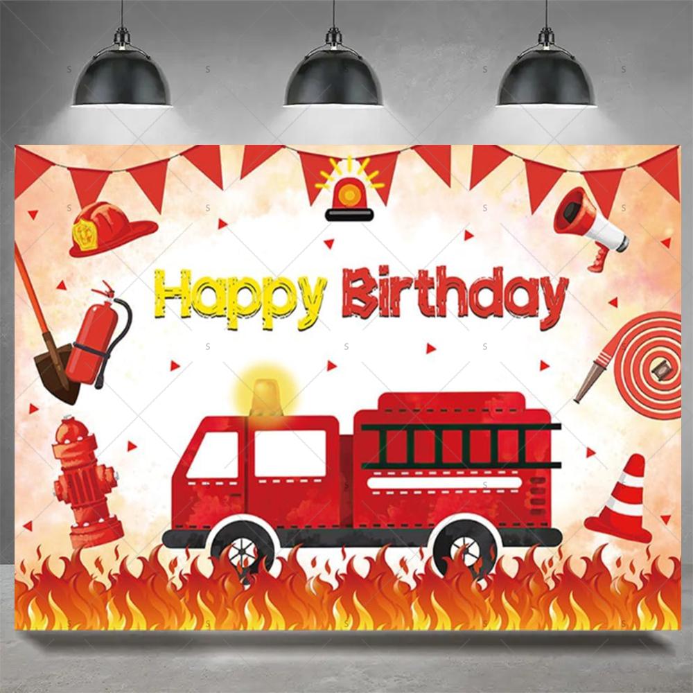 Firefighter Firetruck Theme BackgroundRed Fire Truck Children Boy Birthday Party Decor Baby Shower Photography Backdrop Props