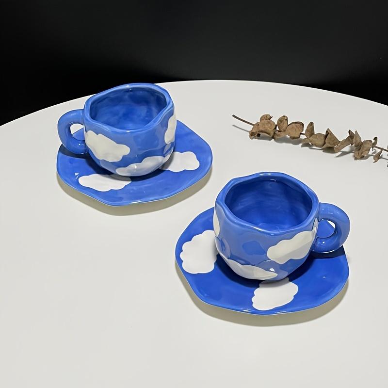 Reusable Ceramic Coffee Cup, Saucer Set with Blue Sky and White Cloud Design, Perfect for Breakfast and Afternoon Tea, Hand Wash Only