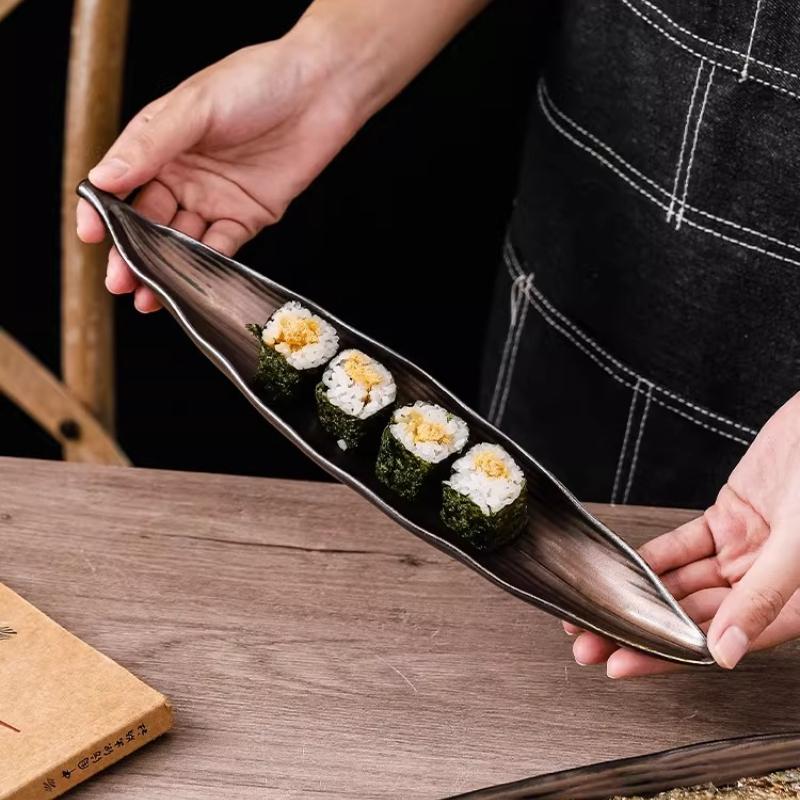 1PC Leaf Plate Japanese Cuisine Personalized Creative Retro Saury Ceramic Sushi Commercial Special-shaped Dim Sum Plate