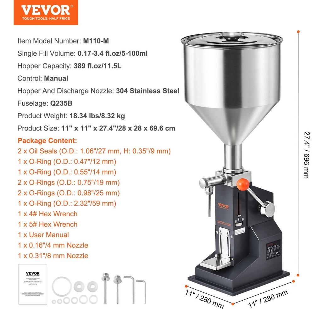 Manual Paste Liquid Filling Machine, 5-100ml Bottle Filler, Adjustable Bottle Filling Machine, Stainless Steel Liquid Filler with Hopper for Milk