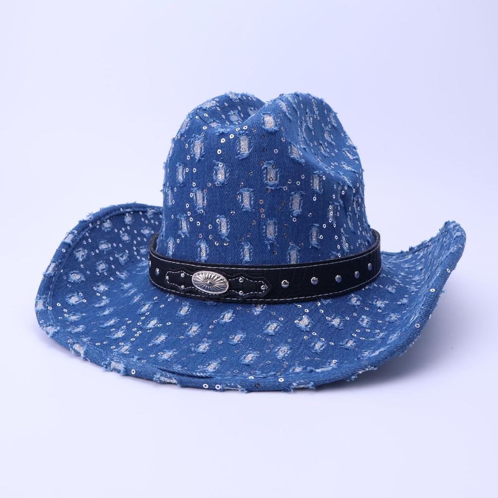 Stylish And High-Quality Old Denim Warped Edge Jazz Hat Can Be Worn In All Seasons, Men'S And Women'S Top Hats, Western Denim Hats
