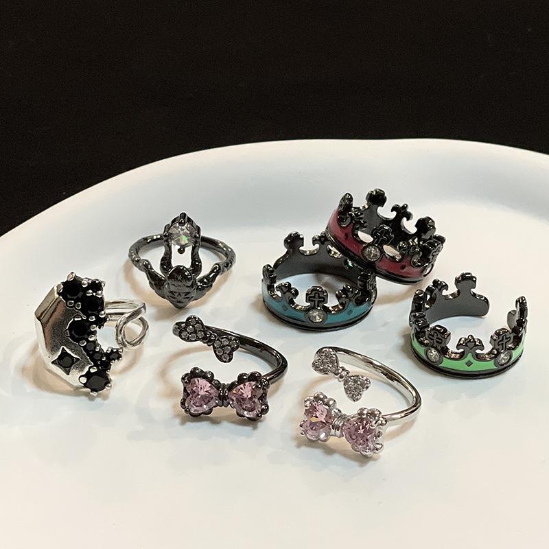 Dark Personality Retro Crown Stacked Open Ring Niche Design Bow High-End Fashion Trendy Cool Ring
