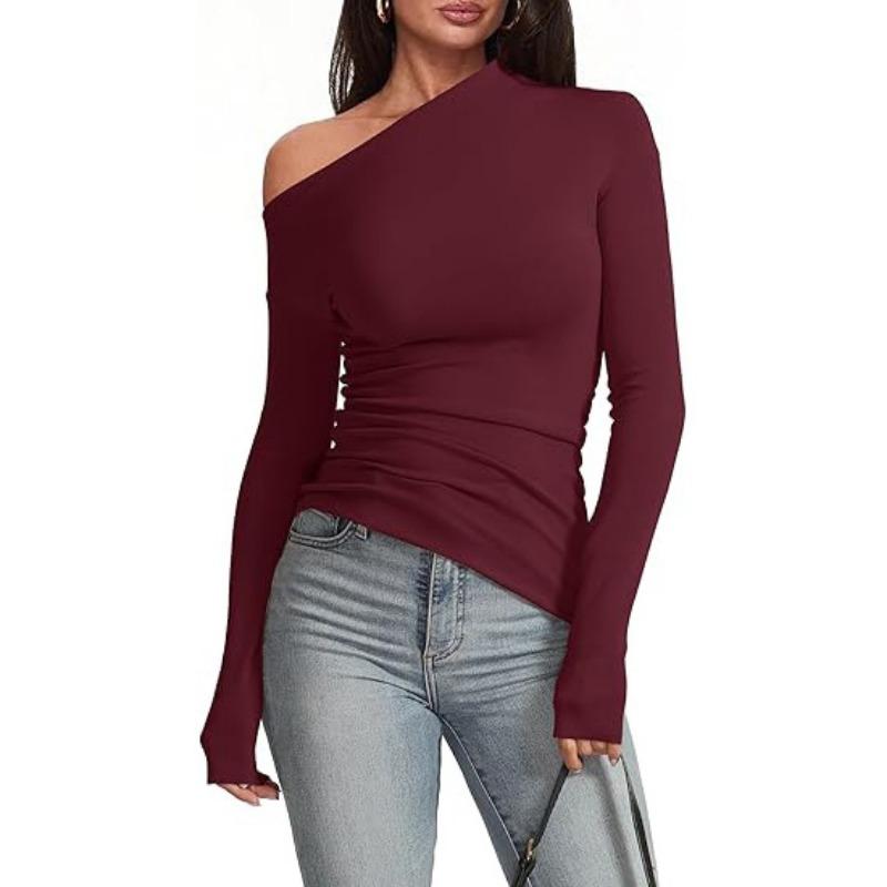 Women Sexy One Shoulder Off Shoulder Long Sleeve Fitted Casual T Shirt XS