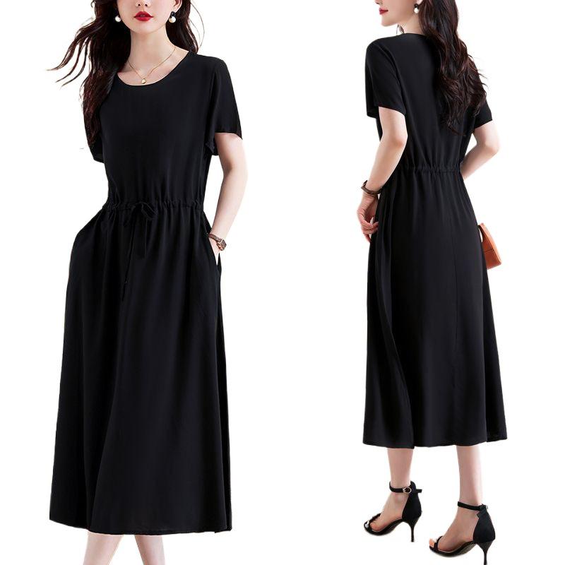 Fashionable Cotton Silk Plus Size Dress with Pockets for Middle-Aged and Elderly Women