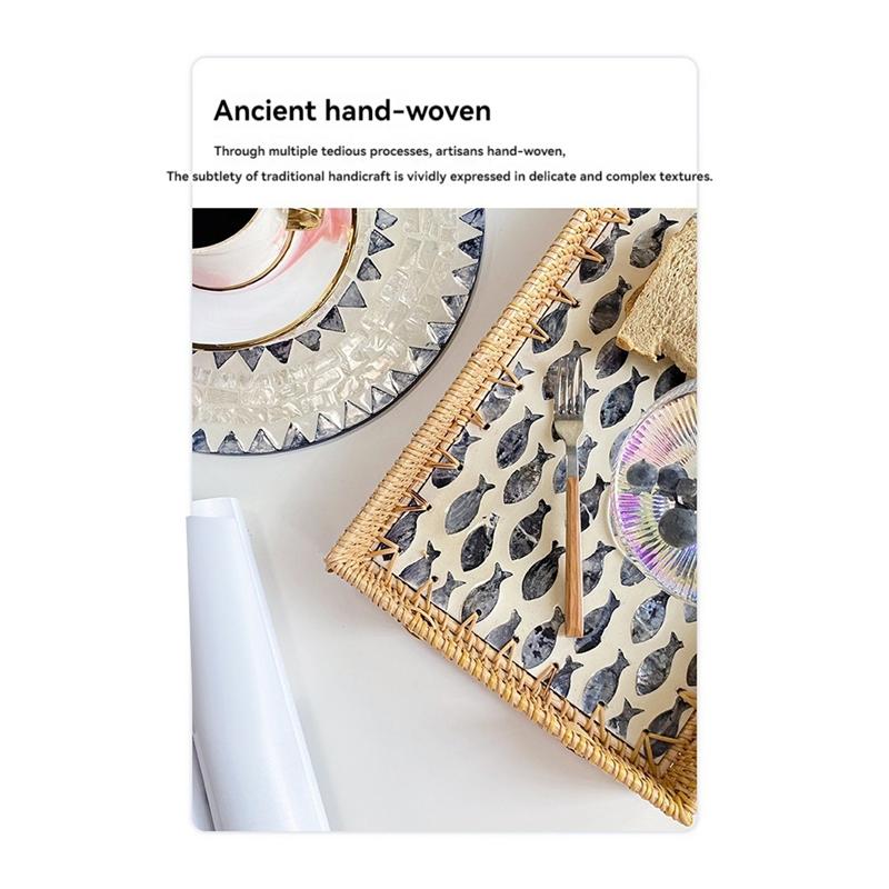 ABWR-Rattan Tray, Display Rattan Basket With Handles, Rectangle Tray For Bread Fruit Coffee Decoration And Daily Necessity